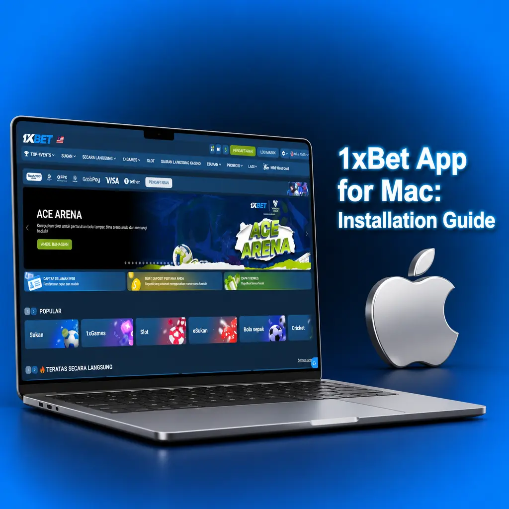 1xBet app installation steps for Mac showing .dmg download, drag-to-Applications setup, and login on macOS Sierra or later