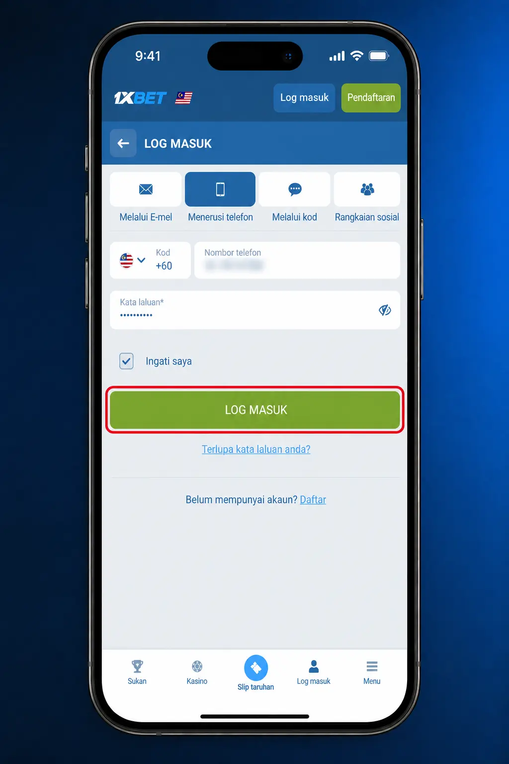 1xBet login steps for Malaysia players: click Log In, enter phone/email, input password, and verify with SMS or email code if needed.