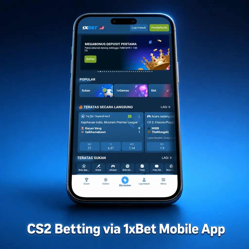 CS2 betting on the 1xBet mobile app showing live match odds and betting markets for Android and iOS users
