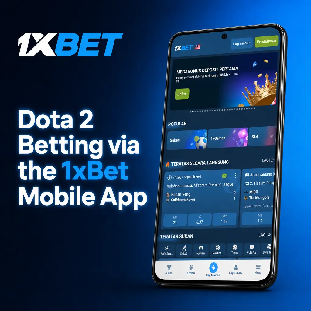Dota 2 betting on the 1xBet mobile app for Android and iOS, showing live odds and match streams for Malaysian users.