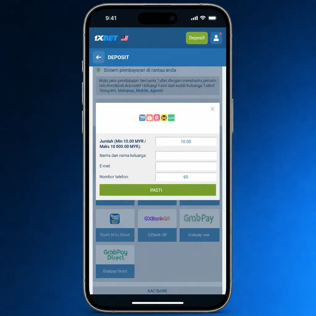 Step-by-step screenshot showing how to deposit money into a 1xBet account using supported payment methods in Malaysia