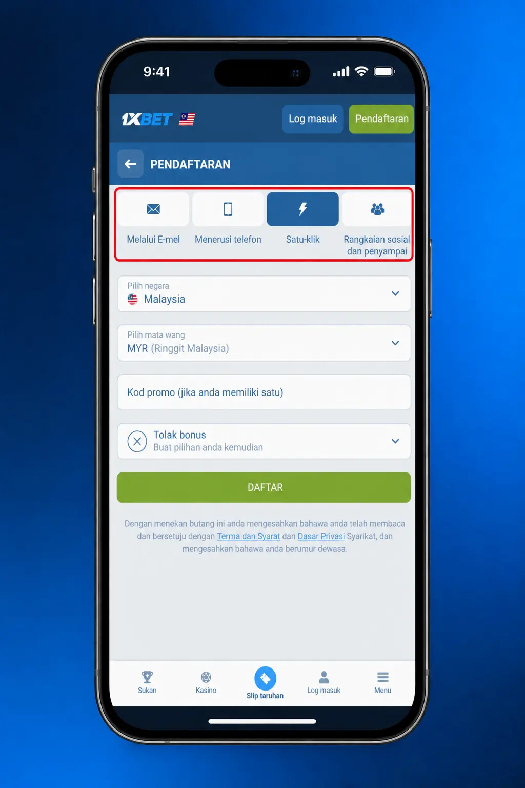 Step-by-step guide to registering a 1xBet account in Malaysia using phone, email, or social media.