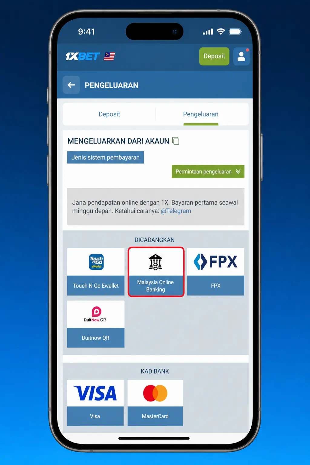 Screenshot showing how to withdraw money from a 1xBet account via the Cashier section