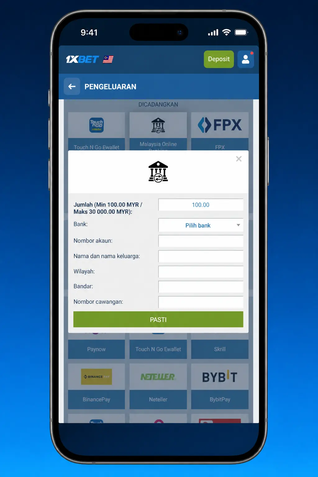 Step-by-step screenshot showing how to withdraw money from a 1xBet account using the Cashier menu