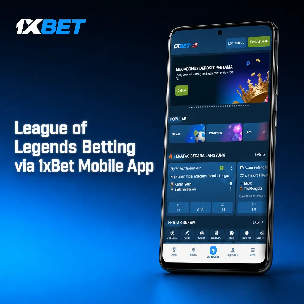 League of Legends betting on the 1xBet mobile app, showing Summoner's Rift odds and live match markets for Worlds 2026.